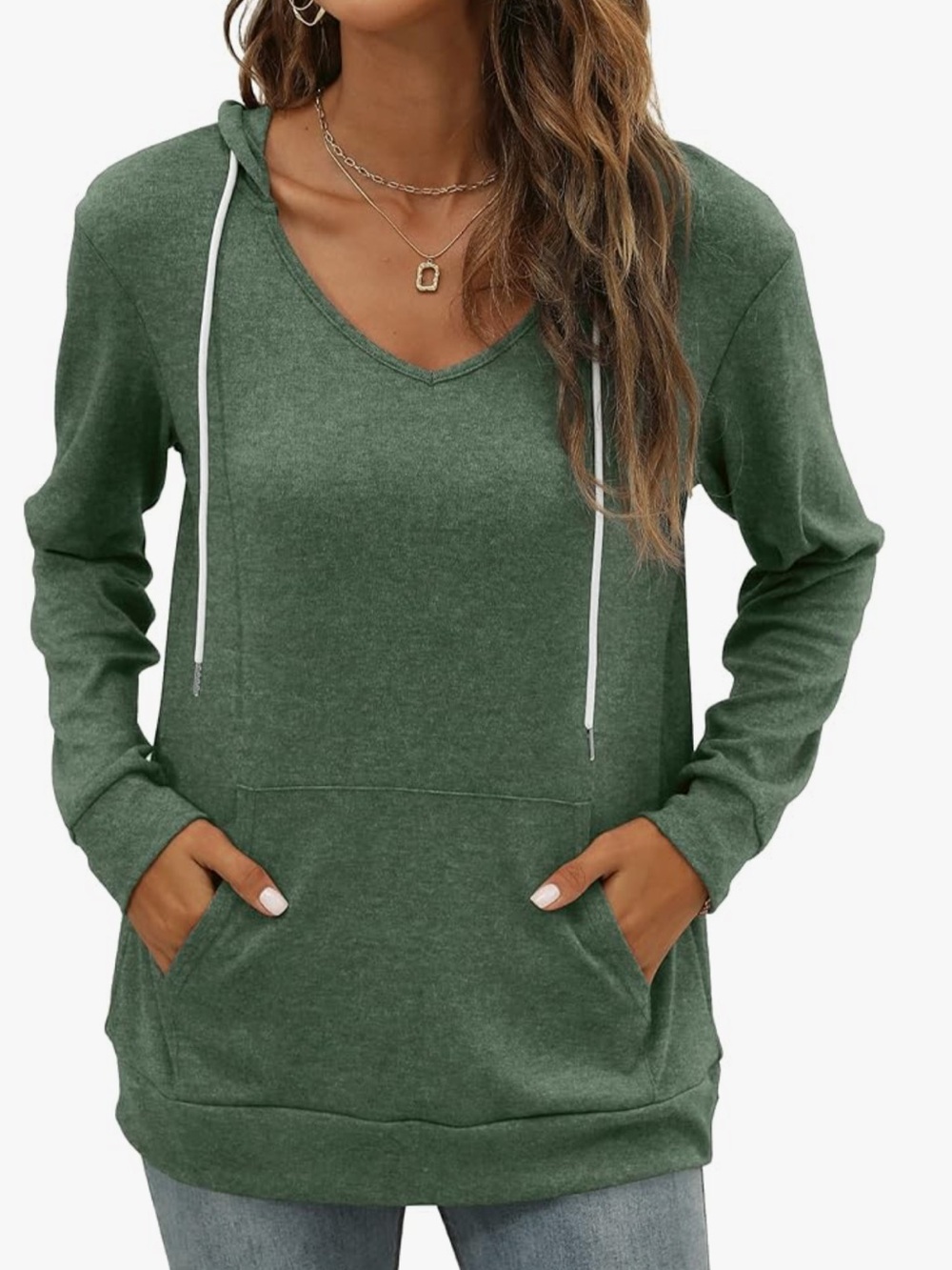 Saloogoe Kangaroo Pocket V Neck Lightweight Sweatshirt